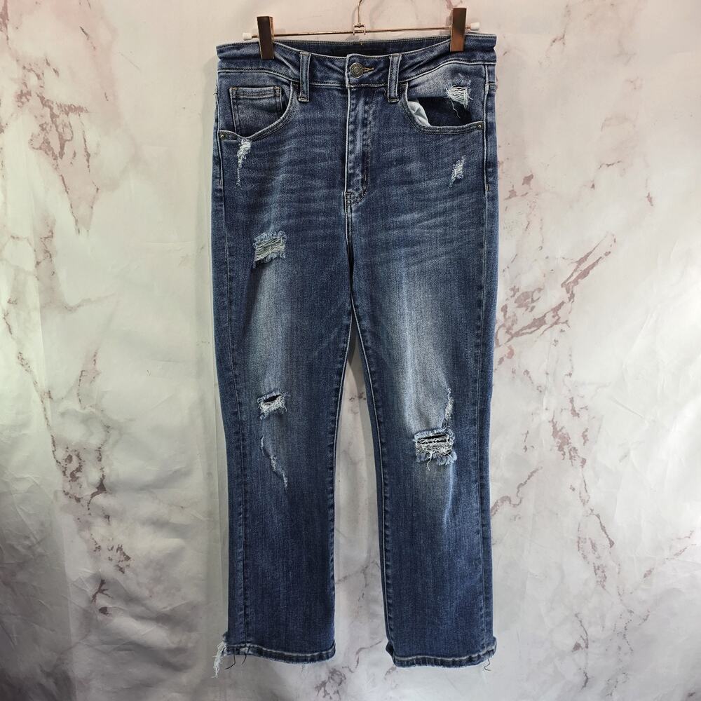 Risen Jeans Womens 5 27 Denim Straight Leg Distressed Crop High Rise Medium Wash